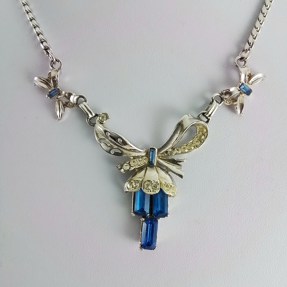 Vintage Blue Rhinestone Floral Choker Necklace